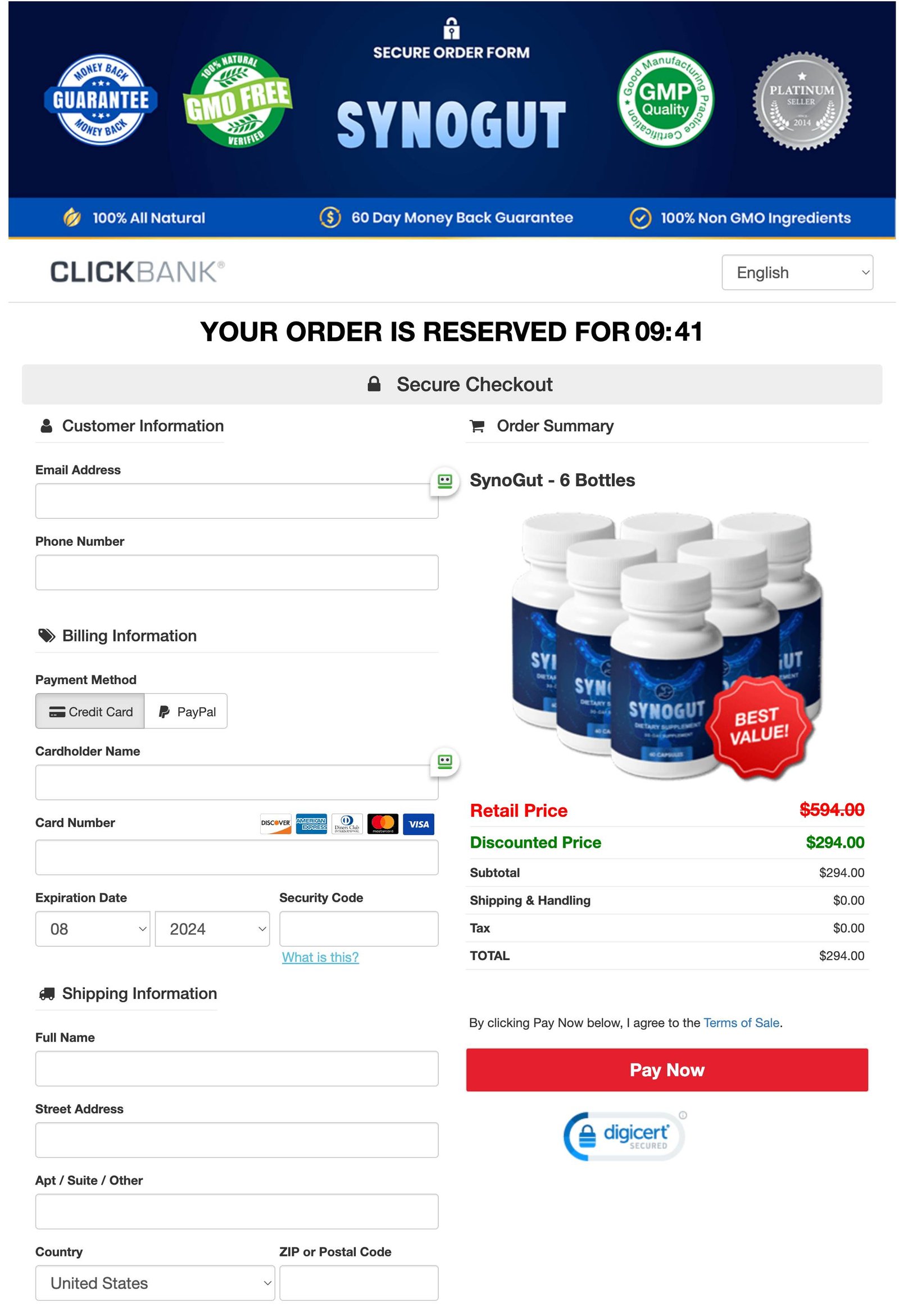 SynoGut secure checkout and order page